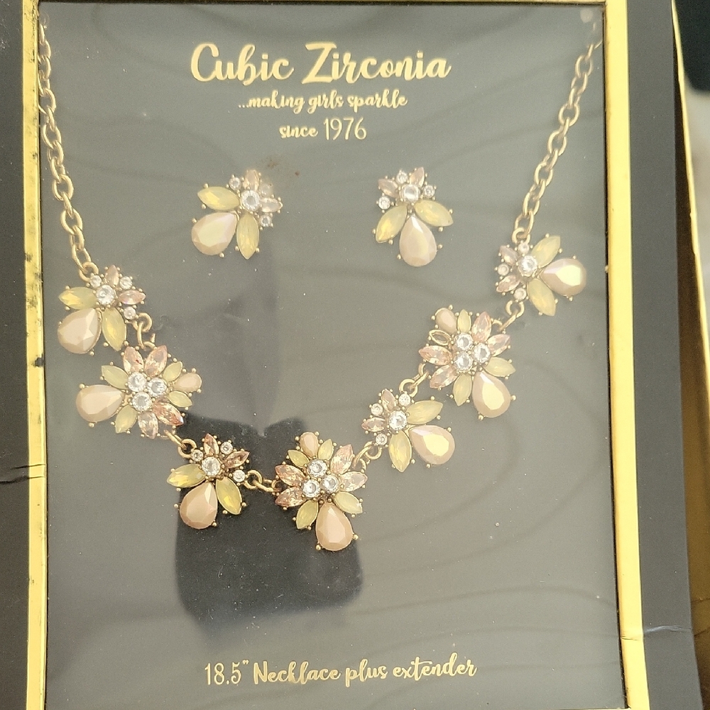 Floral Necklace and Earring Set - Pink and Yellow